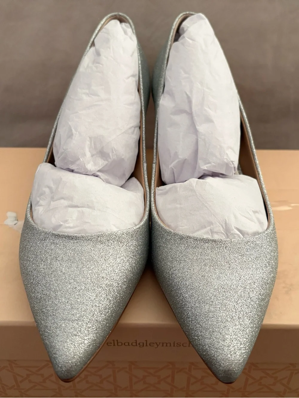 Jewel Badgley Mischka Women’s Silver Glitter Pointed Toe Kitten Heel Pumps US 8